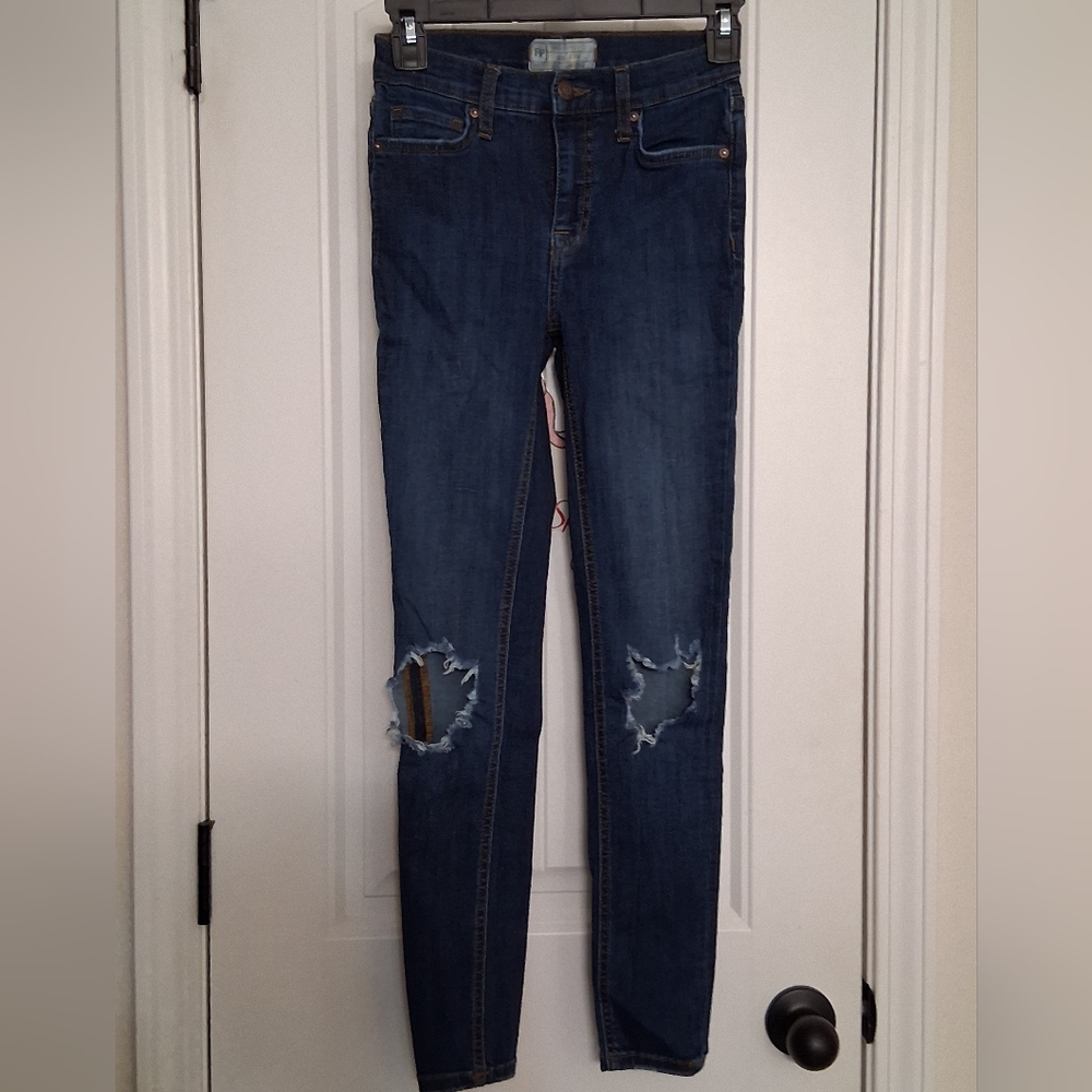 Free People Womens Straight Leg Skinny Distressed Denim Blue Jeans